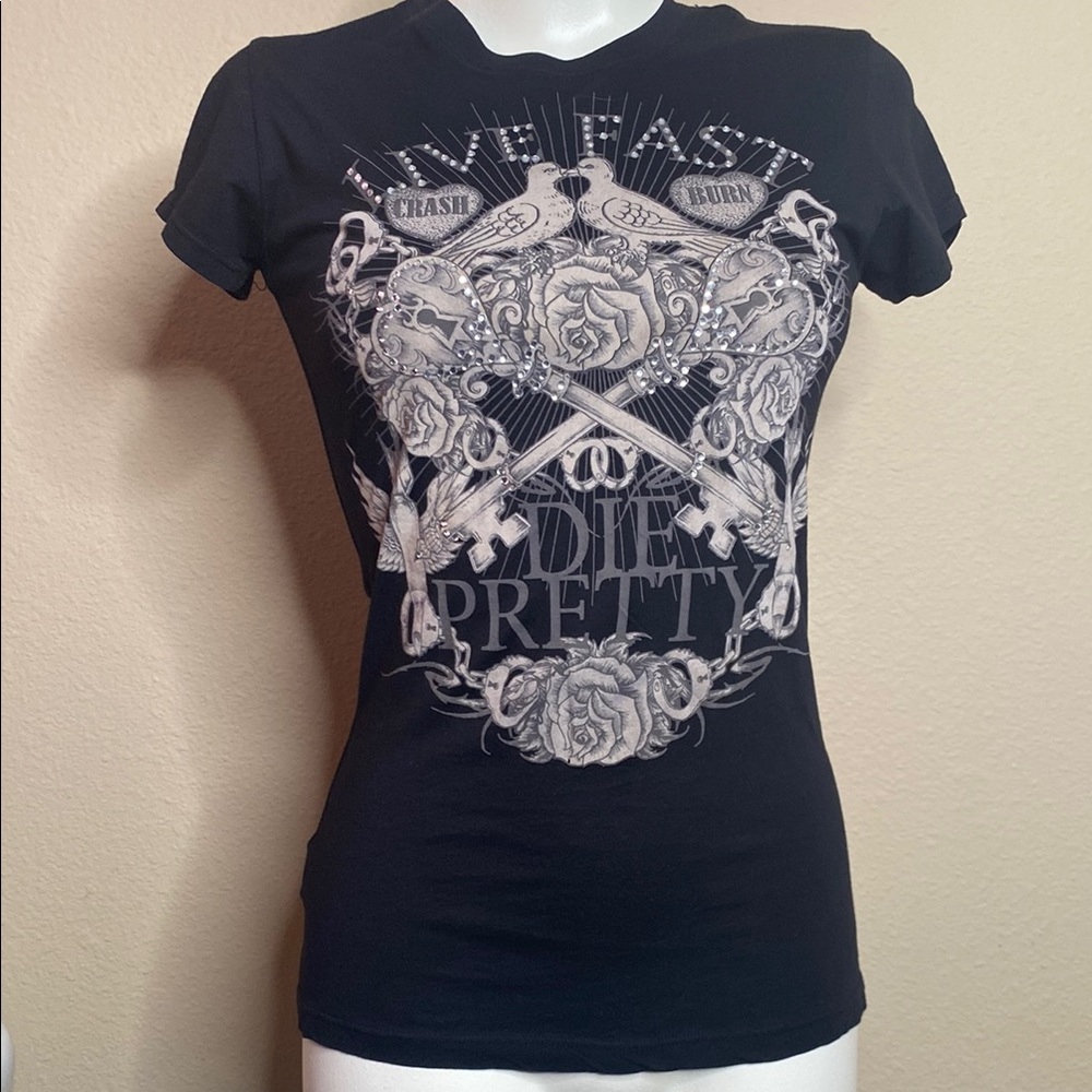 Crash & Burn brand ‘live fast die pretty’ Black Graphic rhinestone Tank Top S